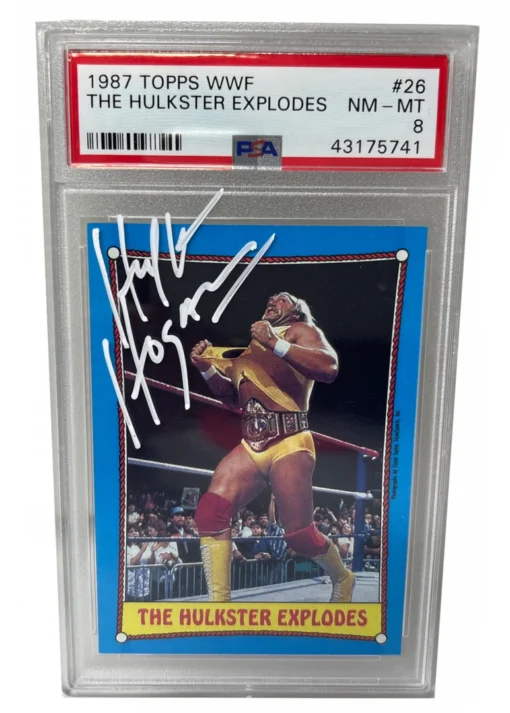 Hogan's Beach Shop TRADING CARDS Signed Hulk Hogan The Hulkster Explodes 1987 Topps WWF Wrestling Card #26 Graded PSA 8 7 Hogan's Beach Shop TRADING CARDS Signed Hulk Hogan The Hulkster Explodes 1987 Topps WWF Wrestling Card #26 Graded PSA 8